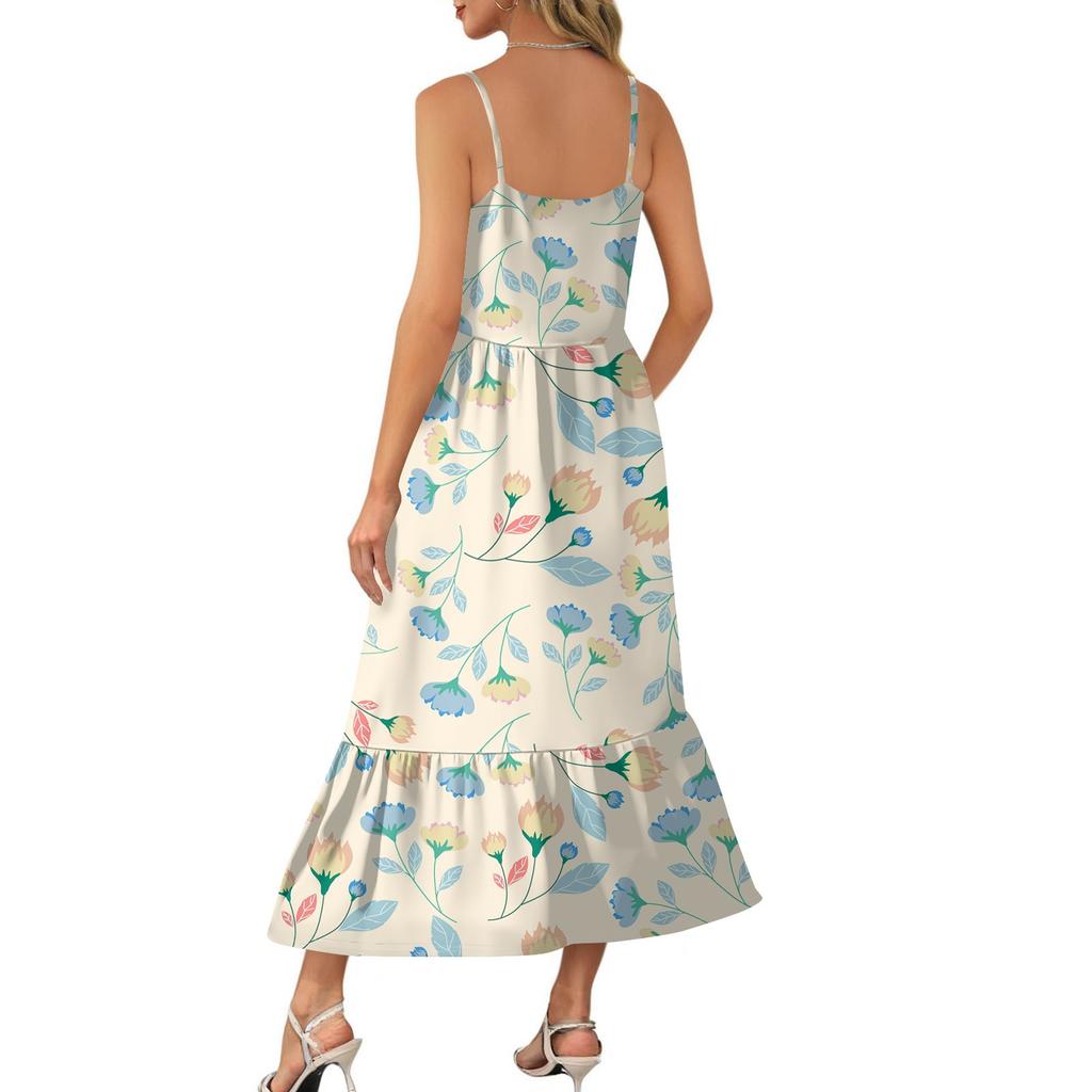 Women's Long Beach Casual Elegant Spaghetti Strap Maxi Dress Floral Low-key Flowing Bohemian Dress