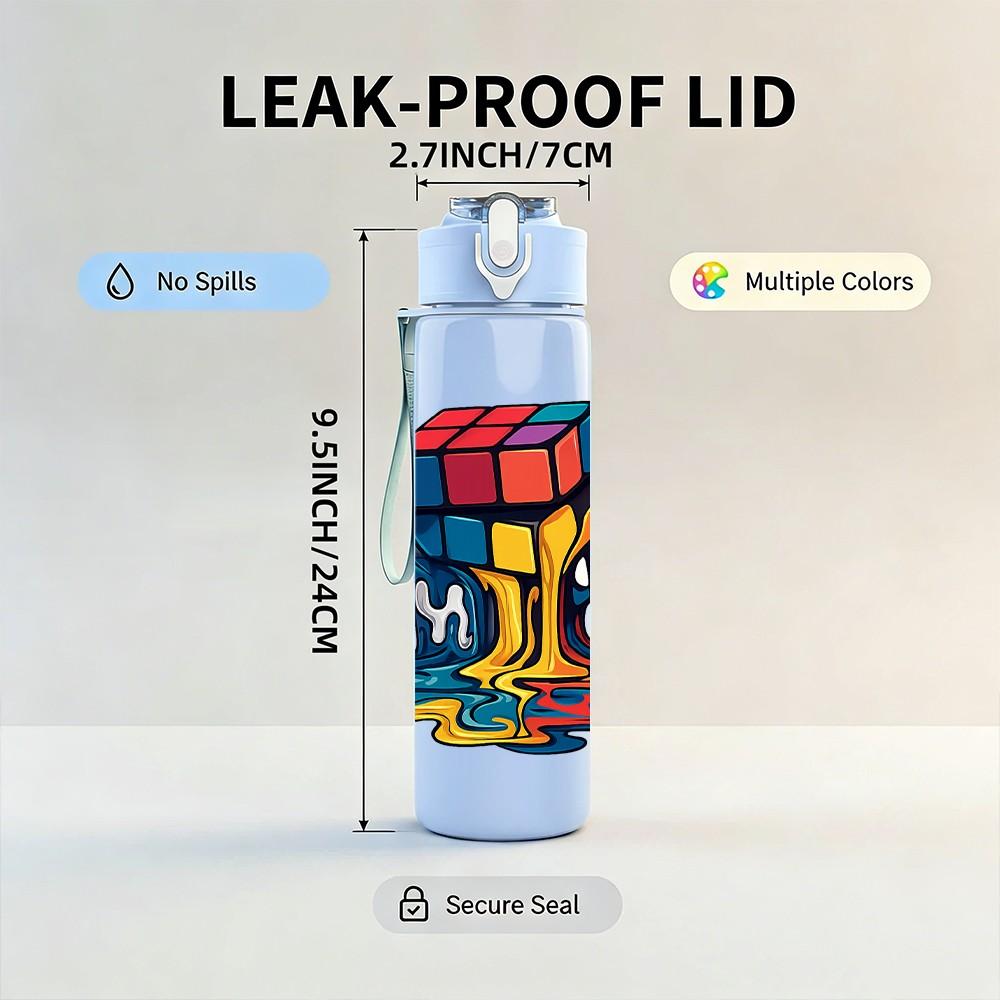 1PC Colorful Rubik Cube Geometric Print 750ml Color Plastic Sports Water Bottle Leakproof Flip Straw Lid Suitable for Sports Office Home Use