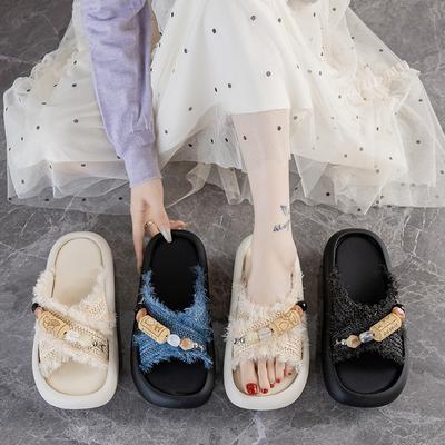 Сандалии на толстой подошве женская обувь 2025 лето новая универсальная этнический стиль плетение из соломы легкая мягкая подошва ощущение ходьбы по говну шлепанцы на один палец тренд