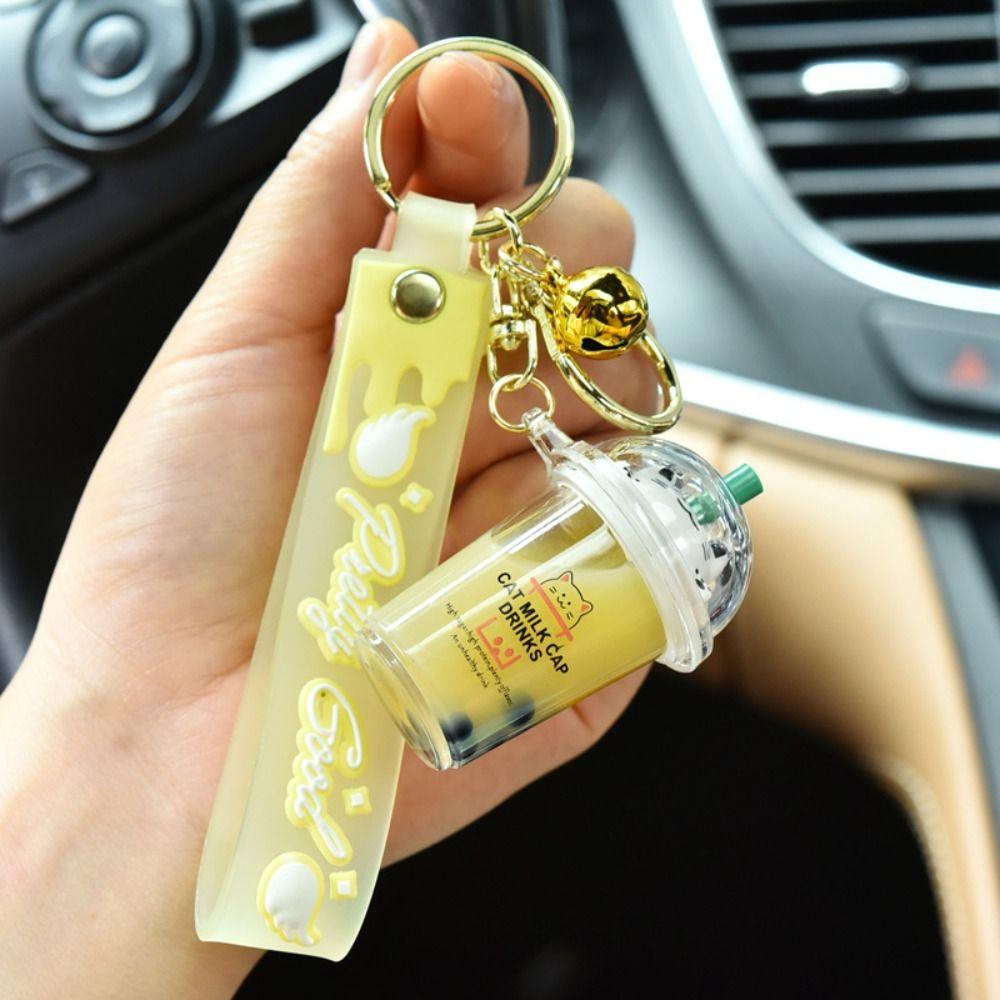 Bag Charm Cat Pearl Milk Tea Cup Keychain Key Chain Soft Drink Keyring Floating Drink Keyring