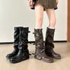 Grape Mom Same Style~ Belt Buckle Square Head Folds Tall Knee Knight Boots Leather Boots Wide Fat Mm Large Size 41-43