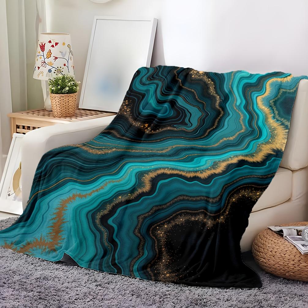 Абстрактное искусство Флисовое одеяло Бирюзово-синий Золотой мраморный дизайн Мягкий Дышащий Всесезонный Роскошный плед для домашнего декора Подарок