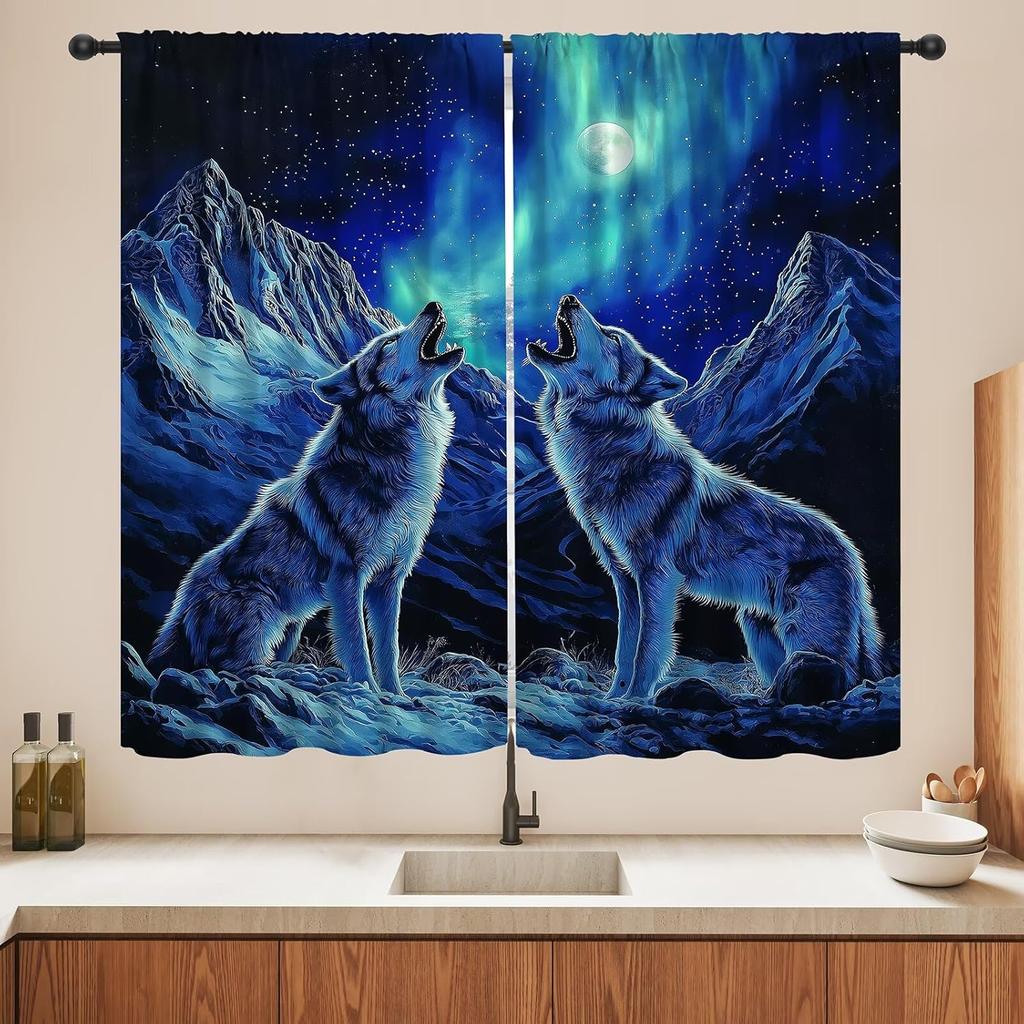 Blackout Wolf Curtains Retro Nature Wildlife Drapes Aurora Forest Wolves Animal Pattern Window Treatments Curtain Living Made Of Polyester Washable