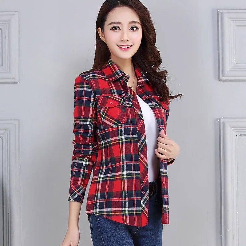 Women's Spring and Autumn Plaid Shirt Casual Long Sleeve Pocket Cotton Shirt