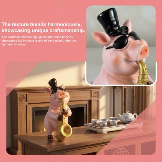 Cute Gentleman Pig Figurine Funny Resin Pig Playing Trumpet Sculpture for Living Room Bedroom Office Desk Home Decor
