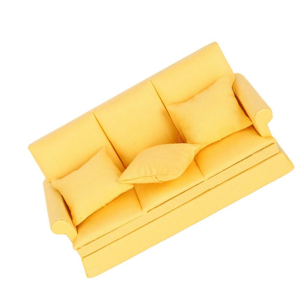 1:12 Doll House Mini Sofa with 3pcs Pillow Living Room Furniture Wooden Doll House Decoration