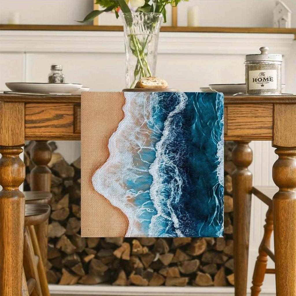 1 Piece Beach Theme Table Runner with Waves and Beach Patterns - Suitable for Home Decoration, Beach Party, Summer Party and Tro