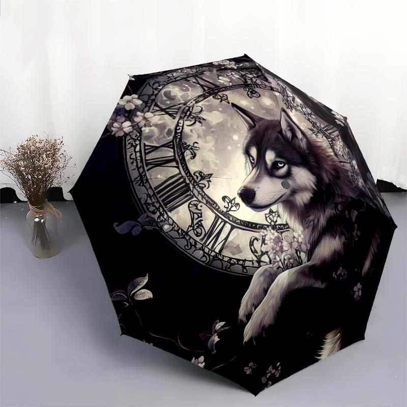 Black Husky pattern, automatic folding umbrella, portable and foldable design, 8 ribs, a Christmas or birthday gift.