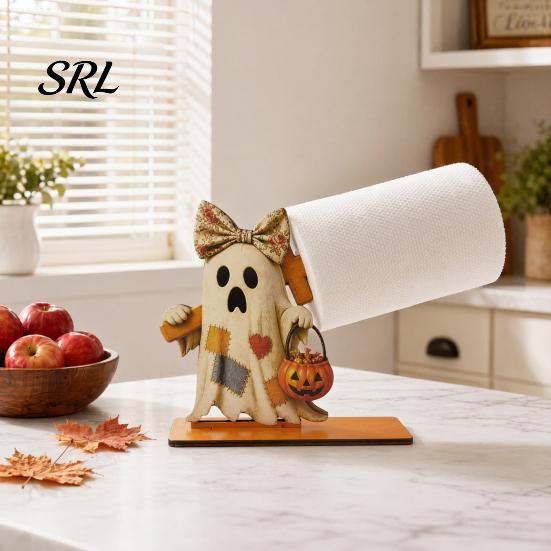 Wooden Roll Paper Stand Halloween Towel Holder, Cute Patchwork Ghost Napkin Stand, Holiday Home Accents Rustic Dispenser for Kitchen Dining