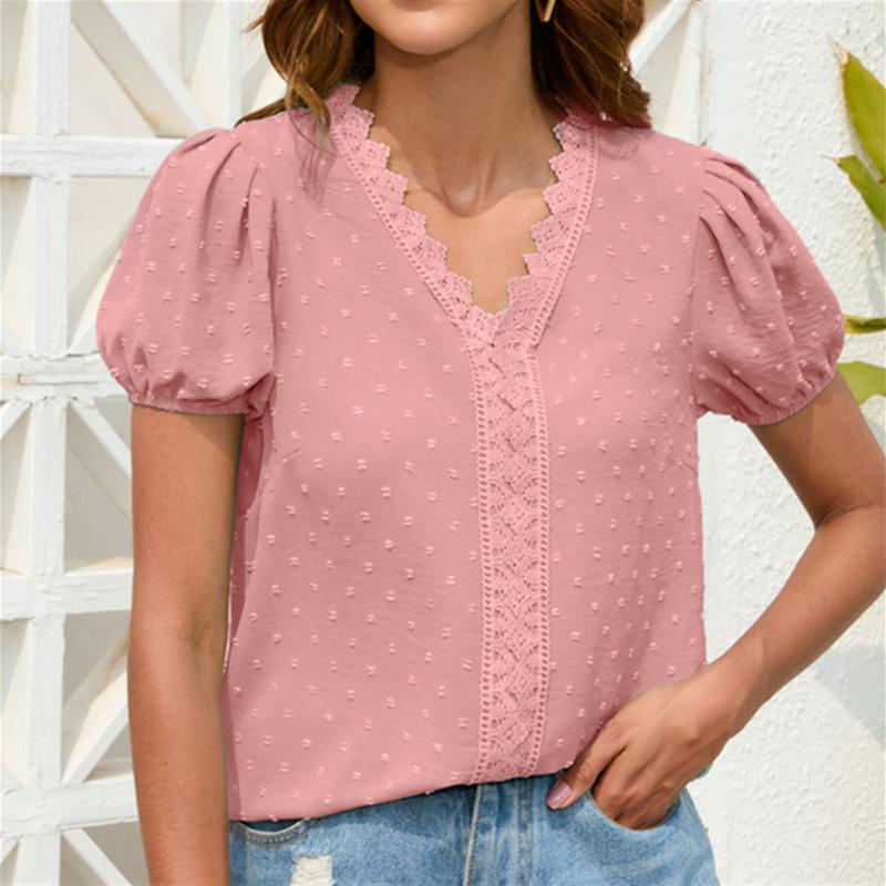 GMXIA Ayollar Modasi Kundalik Bir Rangli Bosmali Qisqa Yengli V-kesimli T-shirtlar va Toplar