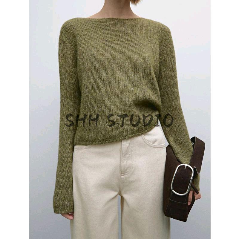 MD Women's Spring Clothing Casual Laid-Back Style Green Soft Glutinous Short Round Neck Sweater Long Sleeve Knitwear 5604633