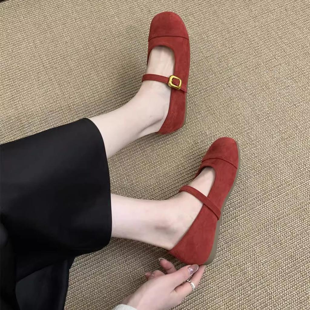 Light Mouth Red Single Shoes Female Spring and Autumn New French Retro Gentle Fairy Suede Mary Jane Shoes Flat Beanie Shoes