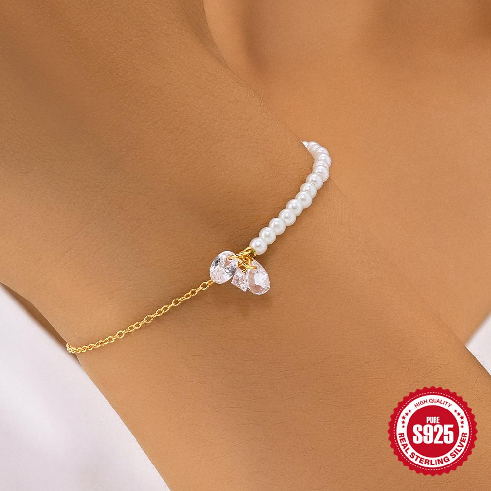 Браслет, Заменяемый Неправильный Цирконий Серебро S925 Стерлинговое Серебро Цепочка из Половинчатого Жемчуга Браслет с Дизайном