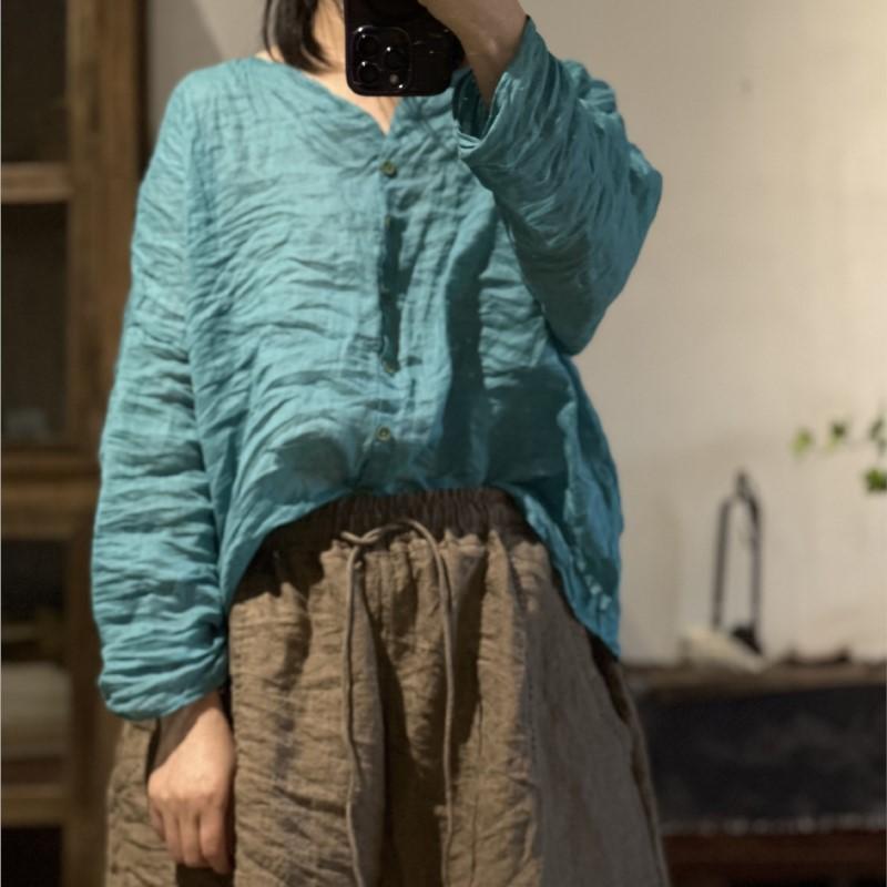 Johnature Женские винтажные рубашки рами, футболки, осенние блузки с круглым вырезом и длинными рукавами, свободные однотонные рубашки высокого качества