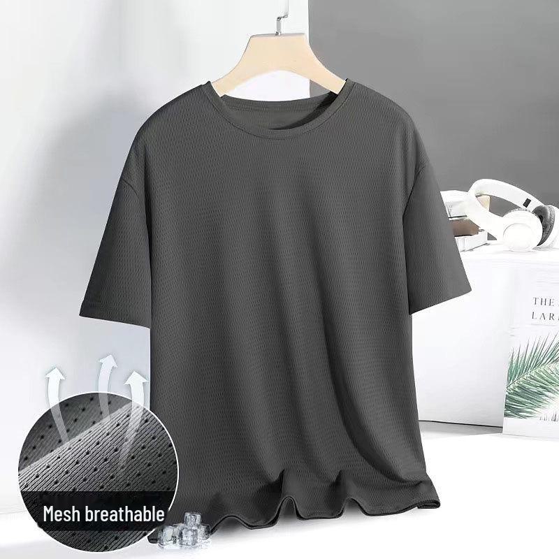 Men's Quick-Dry Gray Ice Silk Mesh Short-Sleeve T-Shirt, Breathable and Trendy Round Neck for Sports