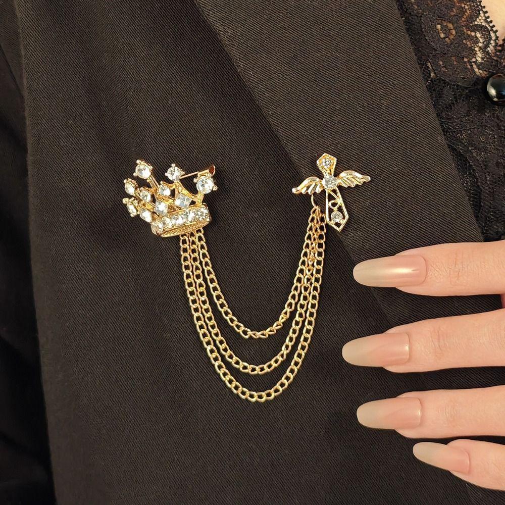 Rhinestone Crown Tassel Brooch Chain Suit Collar Pin Temperament Suit Lapel Pin Male Charm