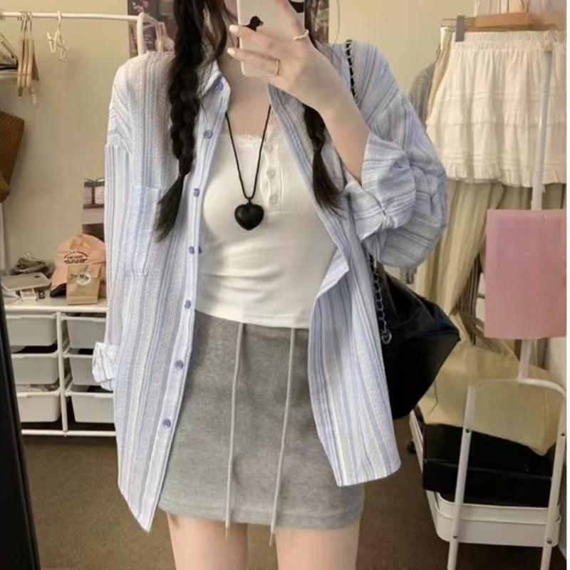 Модная свободная повседневная полосатая рубашка для женщин, весна-лето, застегивающаяся на пуговицы, солнцезащитные блузки, женские топы, элегантные простые офисные женские рубашки 26113