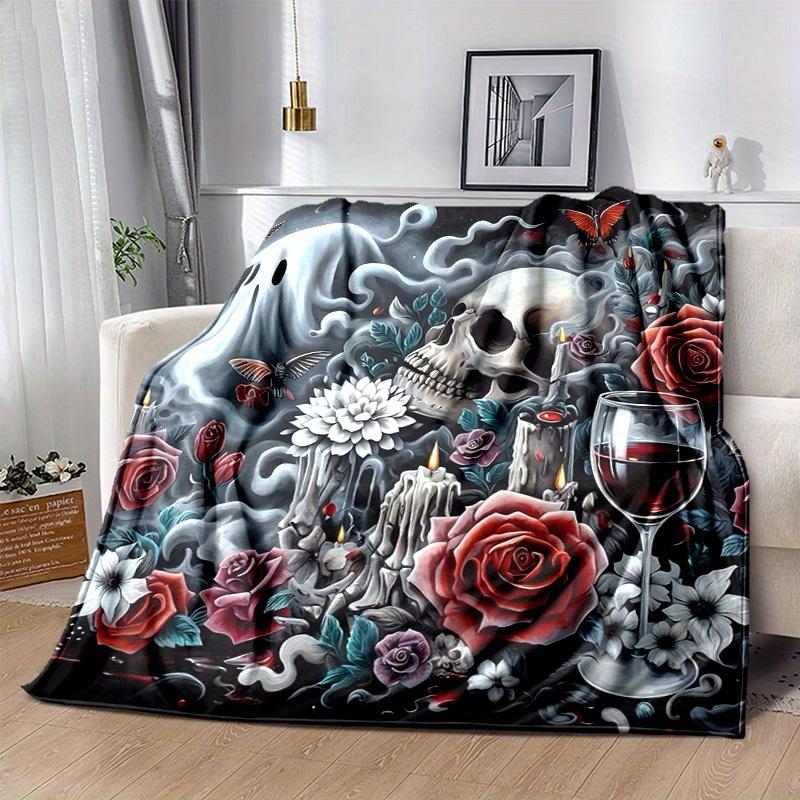 1pc Skulls Roses Candles and Wine Blanket  Soft, Warm Cozy Bedding Decor, Living Room, Travel, Camping, Car Blankets