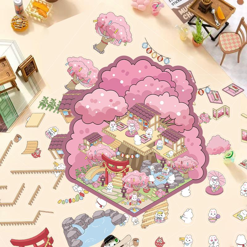 Cartoon Landscape Stickers Multiple Miniature World 3D Hut Unzip DIY Scene Manual Post
