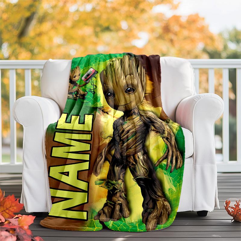 Customizable Groot Throw Blanket – Personalized Name, All-Season Cozy Snug Blanket, Machine Washable, Personalized Blanket