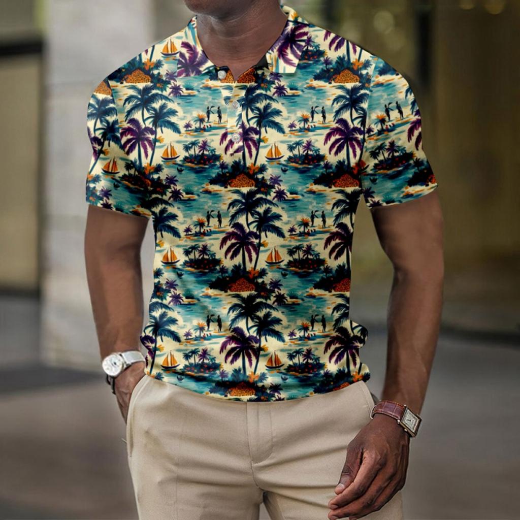 Men's Summer Hawaii Printed Golf Shirt Botton Short Sleeve Top Men's Casual Fashion Shirt