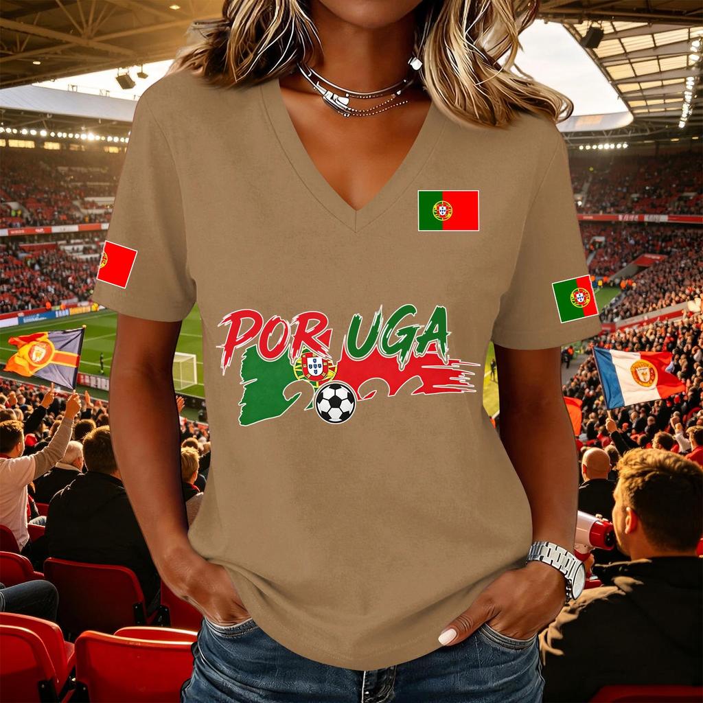 Women V Neck Pullover T Shirt Short Sleeve Casual Soccer Flag Print Top Supporter Jersey Tee for Game Day Wear