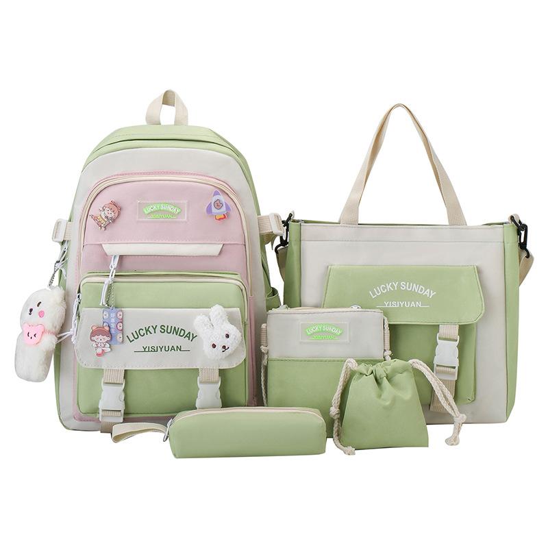 Middle School Boys and Girls School Bags Fashion Canvas Color Blocked Primary Student Backpack 5 Pcs Set Satchel with Tutoring Bag