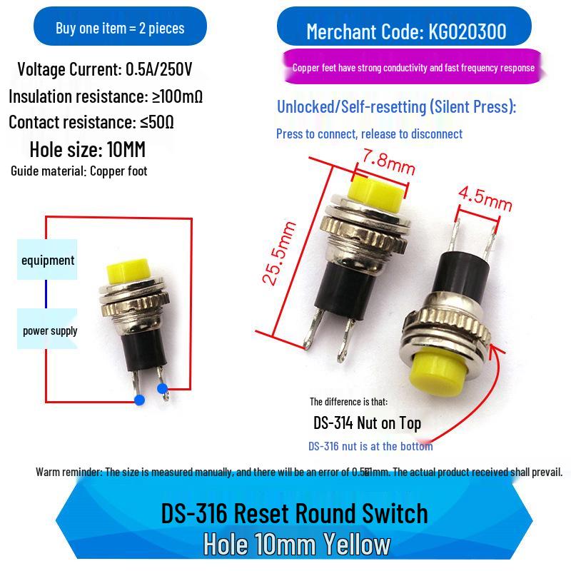 10MM Non-Locking Self-Reset Button Switch for Doorbells and Horns (DS-314, DS-316)