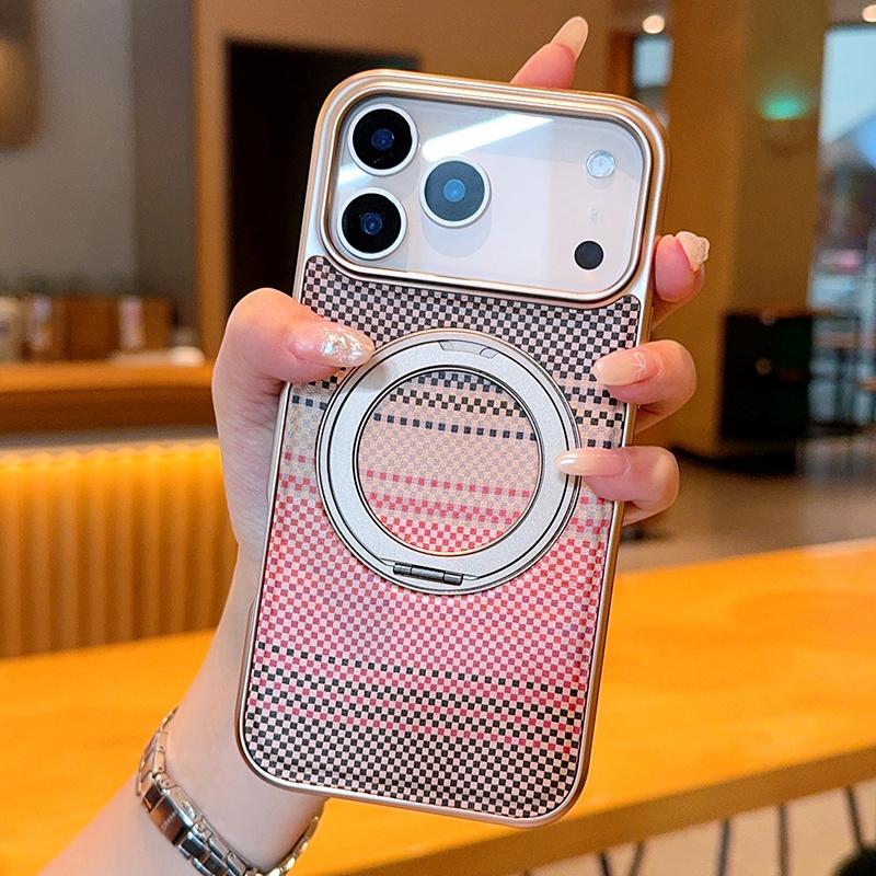 Pu Leather Phone Case for iPhone 17 Pro Max 17Air 16 Pro 15 Plus 14 Colorful Plaid Pattern Magnetic Rotating Bracket Ring Cover