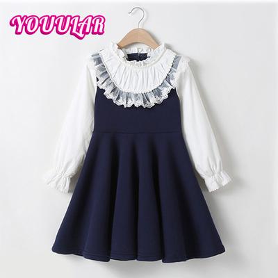 Весенне-осеннее платье для девочек с длинными рукавами, кружевной воротник, платье принцессы, детские топы, школьная форма для учеников 4-13 лет