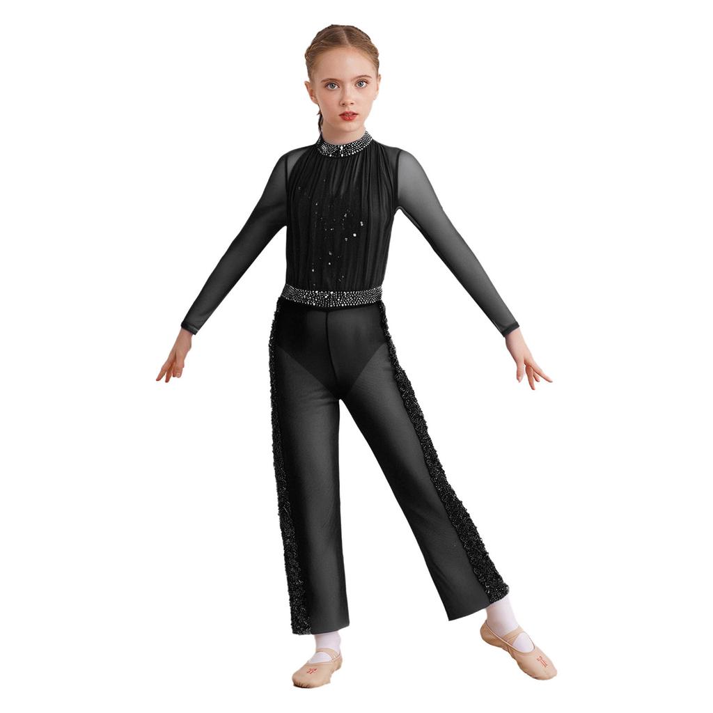 Костюм для фигурного катания для девочек, блестящий, со стразами, сетчатый, с длинным рукавом, трико, эластичный пояс, брюки с широкими штанинами
