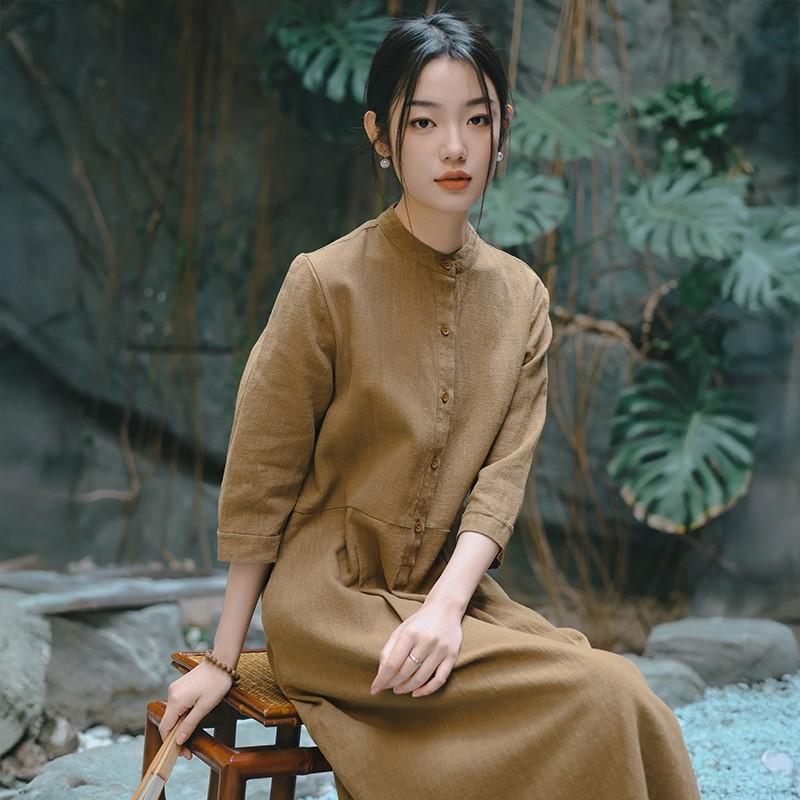 Johnature Женские винтажные весенние платья с семью рукавами, стойкой, пуговицами, карманами и трапециевидными карманами