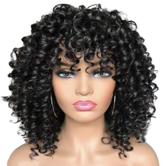 African Women Short Kinky Curly Wigs Silk Hair Natural Look with Bangs High Temperature Wigs Long-Lasting Wear