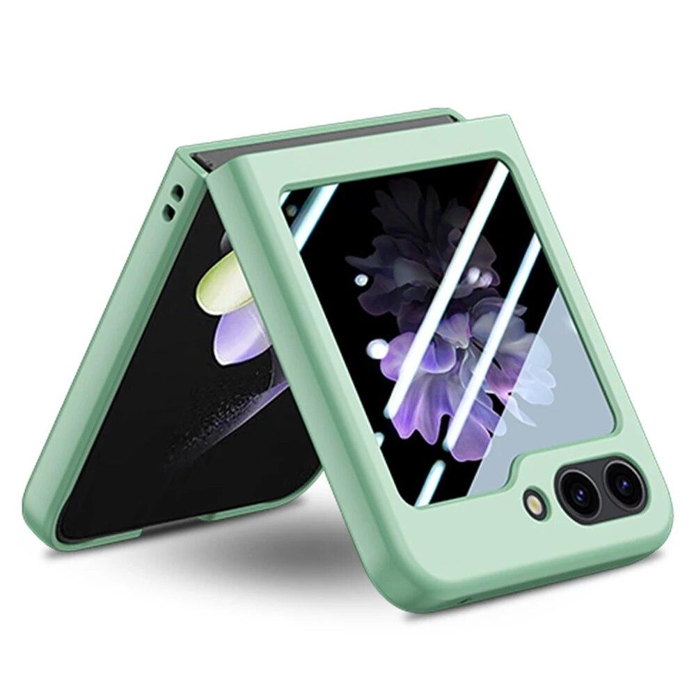 Чехол для Samsung Galaxy Z Flip 5 5G, ультратонкий чехол на ощупь, сплошной цвет с закаленным стеклом, полный чехол на 360 градусов для Z Flip5