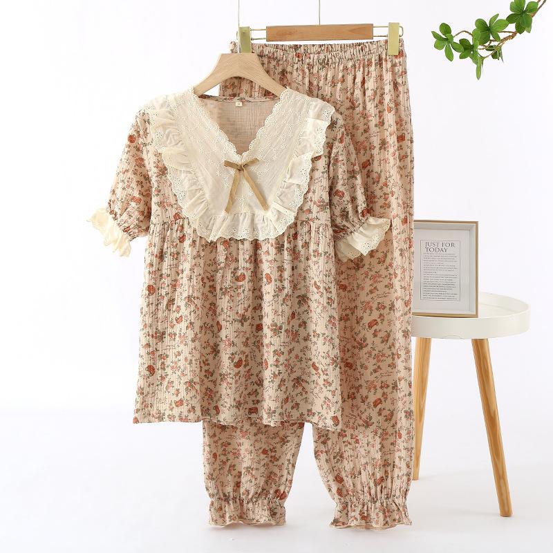 Summer women's pajamas, thin loungewear, spring and autumn suit, short-sleeved trousers, loose retro court style pure cotton yarn