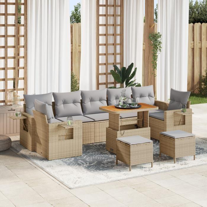 Ensemble de Canapés de Jardin 10 Pièces avec Coussins Beige Rattan Poly Acacia, Ensemble de Dîner 3 Pièces avec Coussins 3361732