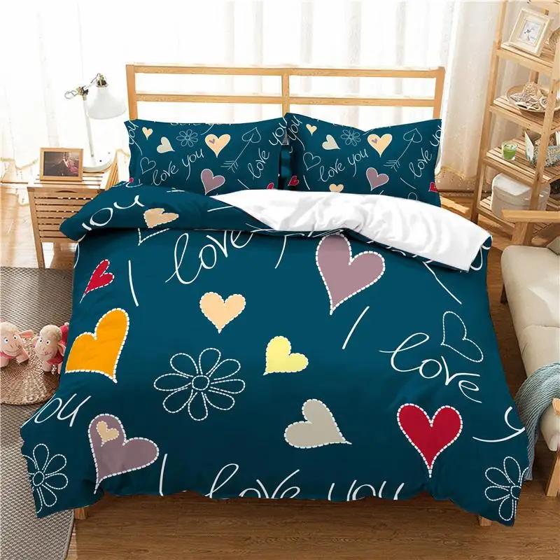 Комплект постельного белья Love Heart с рисунком из мультфильма «Веселые разноцветные сердечки» для двоих в романтическом стиле Комплект постельного белья из полиэстера «Я люблю тебя» для подростка