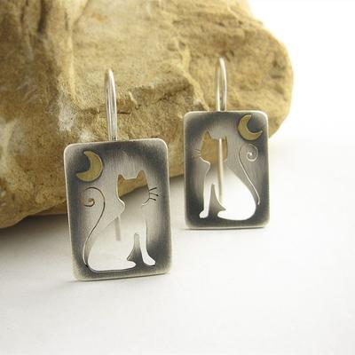 Винтажные прямоугольные металлические серьги с полыми кошками ручной работы, женские серьги в стиле бохо с простым узором луны, милые серьги с подвеской в виде кота