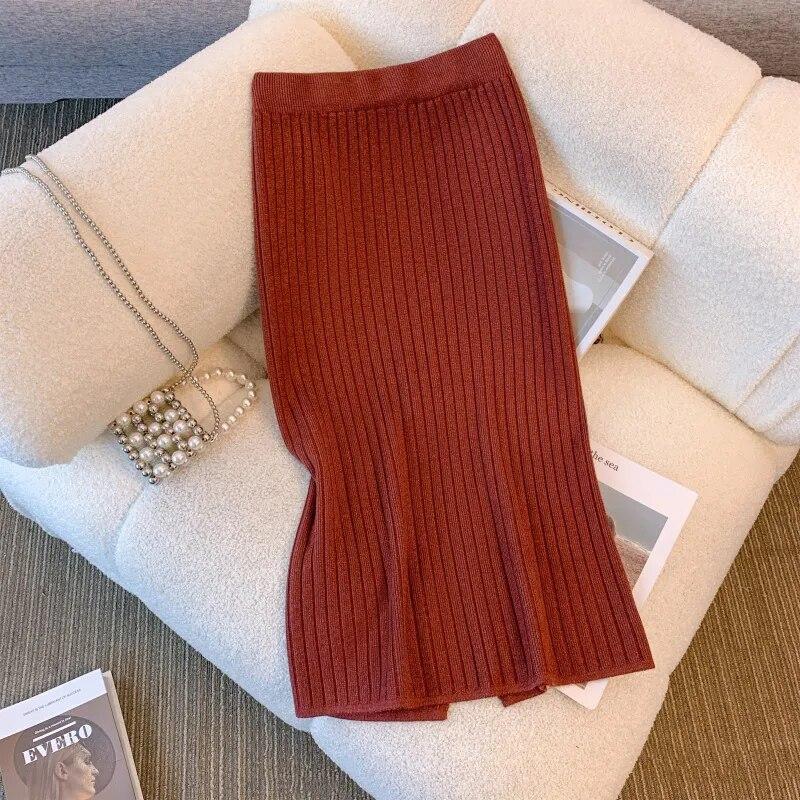 Элегантная офисная женская однотонная прямая юбка, повседневная трикотажная юбка в полоску, осень/зима, юбка средней длины с высокой талией и запахом на бедрах 29474