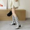Womens Pointed Toe Chelsea Boots High Shaft Chunky Heel Snake Print PU Leather Side Zip Winter Fashion Riding