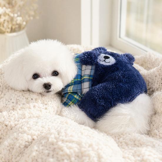 jijijing Fuzzy Bear Dog Jumpsuit, Cute Plaid Outfit, Warm 4-Legged Apparel, Plush Lined Cozy Onesie Clothes for Small Autumn Winter