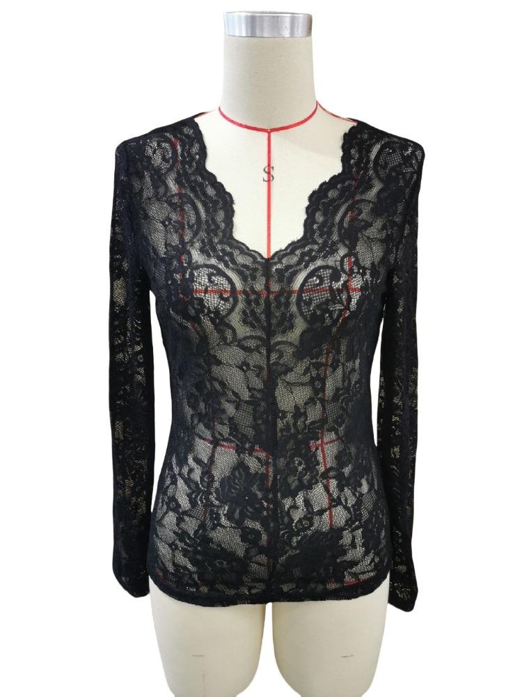 Сексуальные черные кружевные футболки женские модные длинные рукава V-образный вырез женские топы весна осень длинные рукава футболки футболка