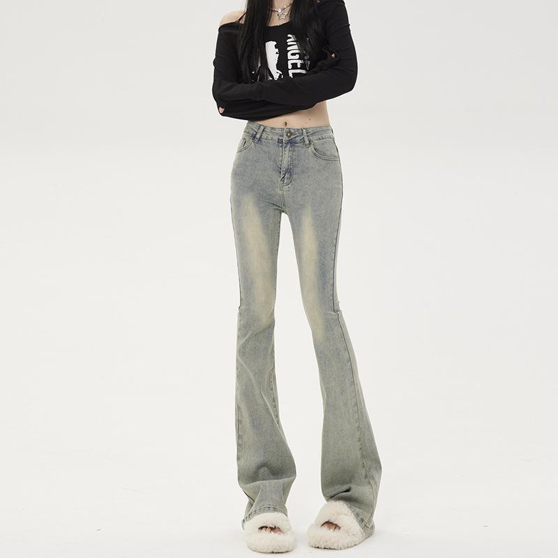 Американские ретро-желтые грязевые узкие джинсы женские модные универсальные студенческие облегающие брюки-клеш