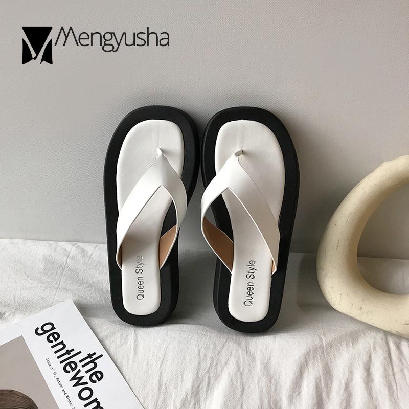 Fashion Outside Clip Toe Solid Flip Flops Women Slippers Beach Shoes Woman Slip On Square Toe Elevated Slides Korean Zapatos Mujer