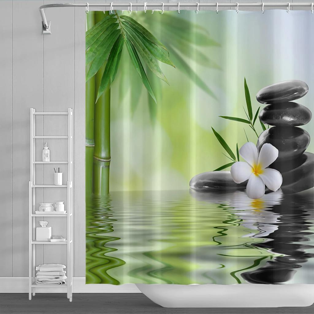 Spa Buddha Water Yoga Shower Curtain Rural Landscape Creek Stone Lotus Buddha Waterproof Polyester Bathroom Curtain With Hooks