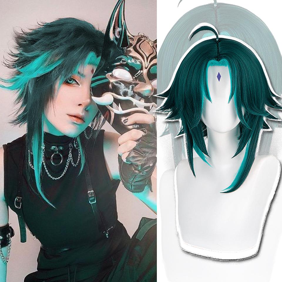 WTB Synthetic Wig Game Dharma Hag -Xiao Genshin Impact Cosplay Cartoon Wig Fluffy High-Gloss Anti-warping Short Hair Wig