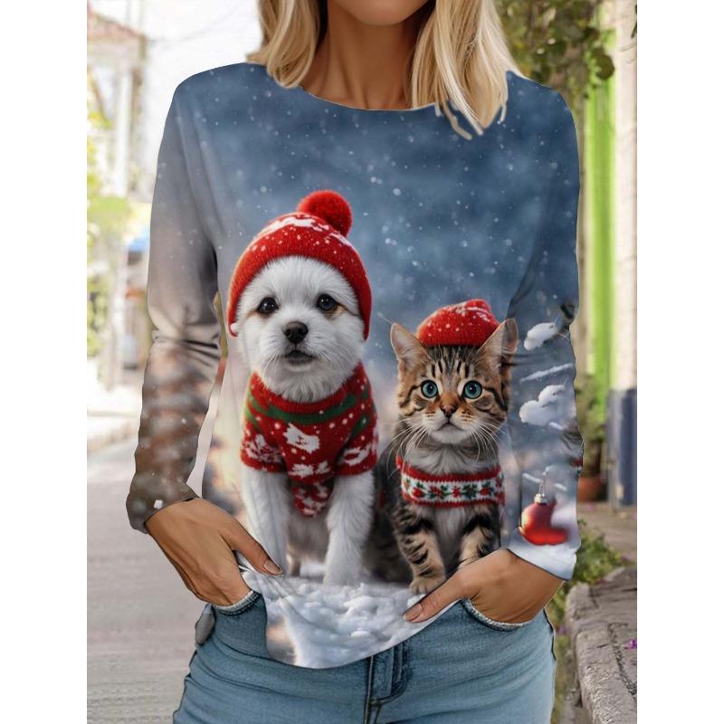 Модная рождественская женская футболка с длинным рукавом Повседневная рождественская Милая кошка и собака Праздничные подарки Топы Harajuku Animal Женская одежда