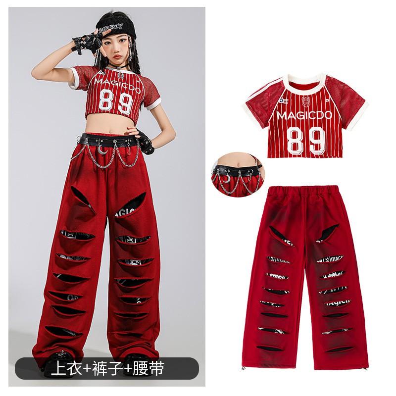 Girls Jazz Dance Outfit Kids Hip Hop Performance Costume Short Sleeve Top Pants Set