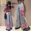 2025 Большие Горячие Сделки Модные Девочки Расписные Бабочки Джинсовые Широкие Брюки Высокая Талия Корейский Стиль Длинные Джинсы Подростковые Брюки