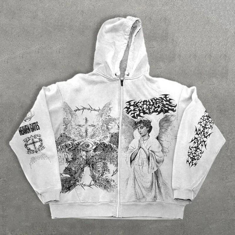 3D Printed Hooded Zip-Up Oversized Sweatshirt Women Men Y2K Retro Style Loose Fit Long Sleeve